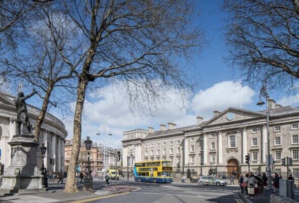 a bus outside a large building the best time to visit Dublin