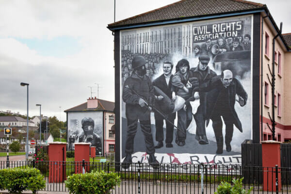 a mural in the Bogside Bishop's Gate Hotel in Derry