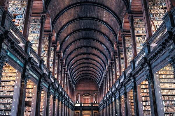 book shelves in the Long Room of Trinity College Old Library