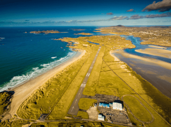 an aerial view of an airport by the sea six days in Donegal