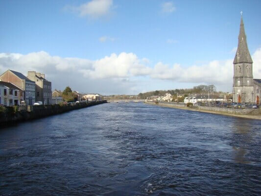 A view of the River Moy in Ballina, with St. Muredach's Cathedral to the right. 