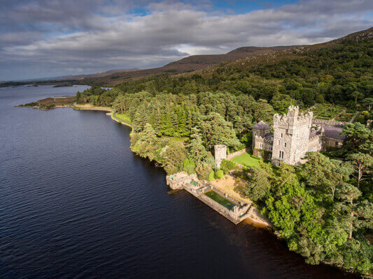 an aerial view of a castle six days in Donegal