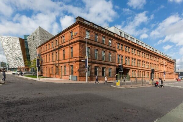 The exterior of the Titanic Hotel, which used to house the offices of the shipbuilding company, Harland & Wolff. Photo: Daren Kidd for Tourism Northern Ireland.