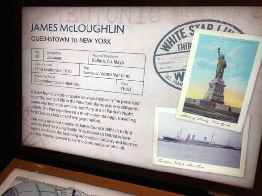 A display at the Titanic Belfast Museum in Belfast showing details of County Mayo emigrant James McLoughlin who survived the Titanic sinking. Photo: Colette Connolly.