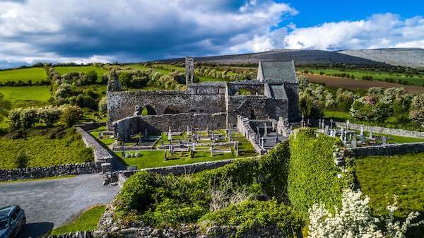 Corcomroe Abbey is an early 13th-century Cistercian monastery located in the north of the Burren region of County Clare, a few miles east of the village of Ballyvaughan. Photo: Air Swing Media, courtesy Clare County Council.