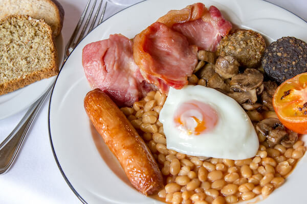 a plate of beans, sausage, bacon and egg where to find the best breakfast in Ireland