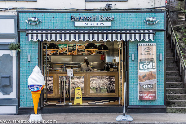 a storefront with an ice cream stand in front Dublin's towns and villages