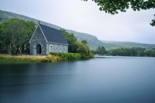church by a lake